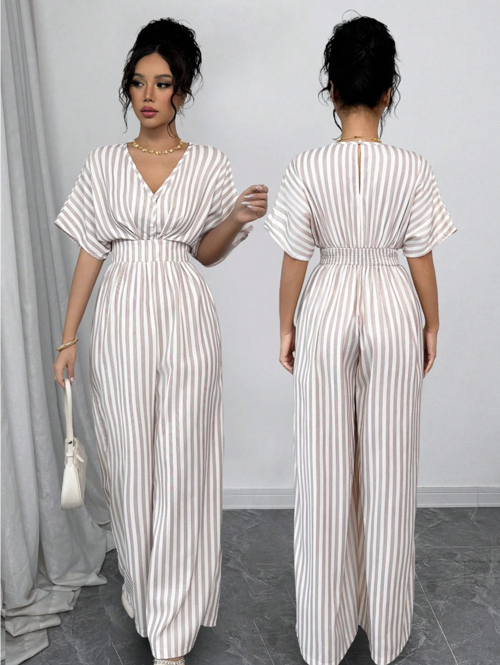 Elenzga Women's French Style Striped Print Batwing Sleeve Cinched Waist Jumpsuit, Suitable For Casual, Holiday, Travel, Festival, Boho, Cowgirl Style, Vintage - Image 2